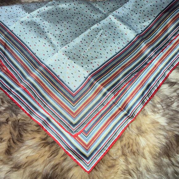 Christian Dior Vintage Silk Scarf — Red Trim Geometric Print Stripes Polkadot — - Picture 10 of 13